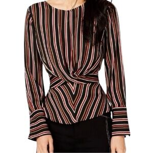 INC International Concepts Striped Twist Front Blouse Black Multi L